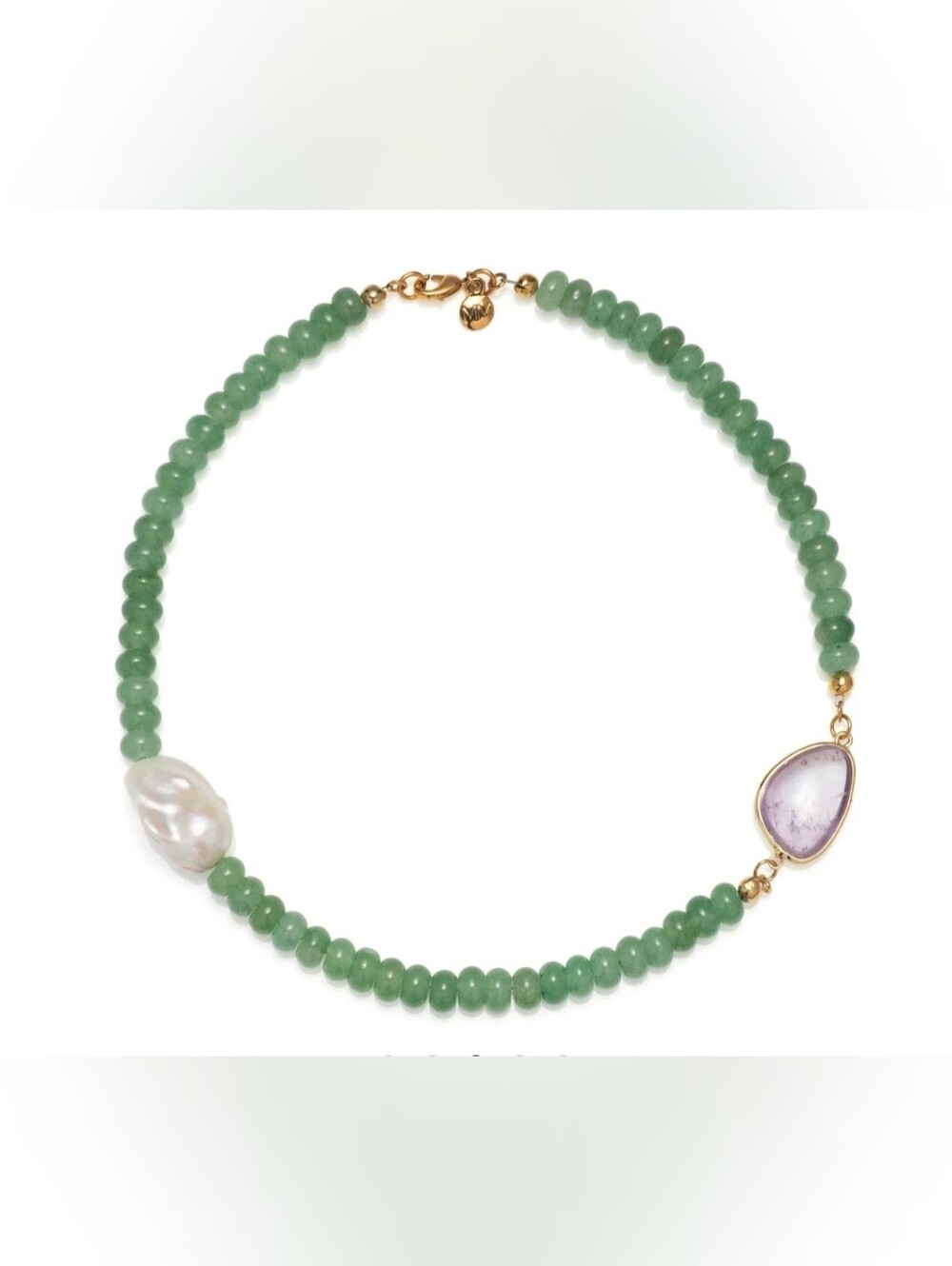 Green Bead Necklace with Pearl and Purple Accent
